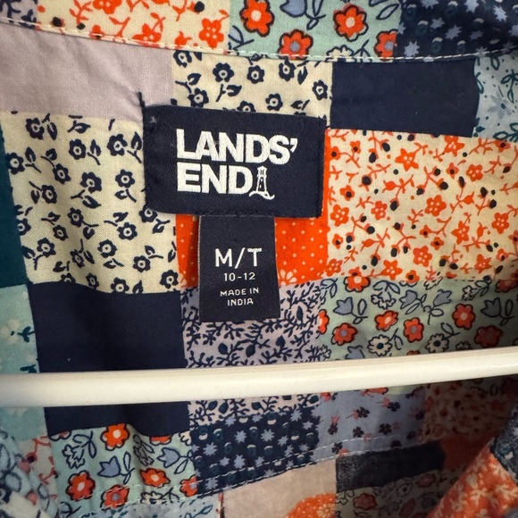 Lands End Long Sleeve Shirt Dress Patchwork Blue Linen Belted Preppy Casual - Picture 6 of 7